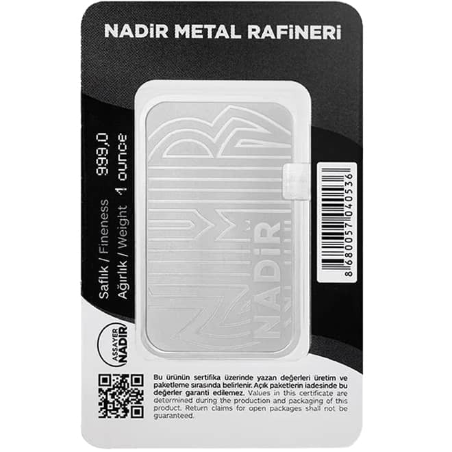 Lingou argint 1 oz Nadir Metal Refineri 999.0 Turcia (spate)