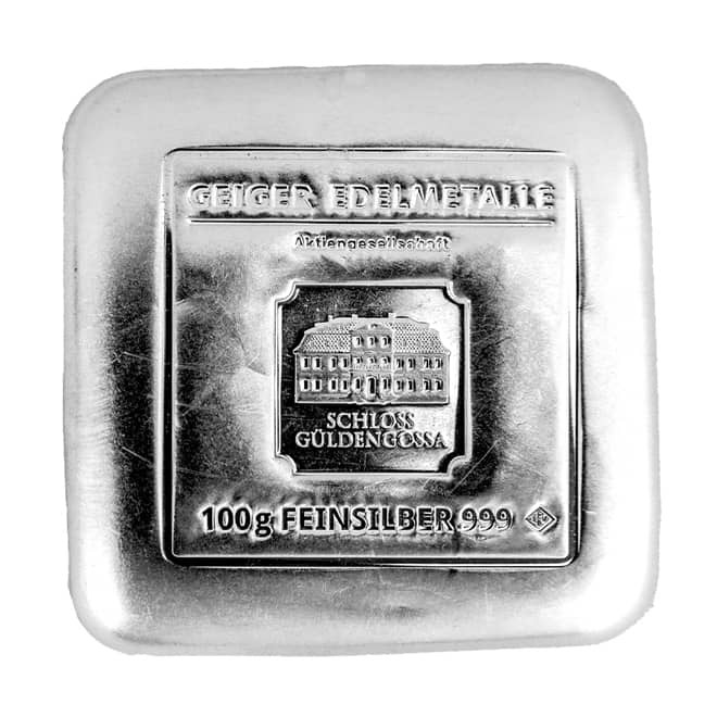 Lingou argint 100 grame turnat Geiger Edelmetalle 999 Germania (fata)