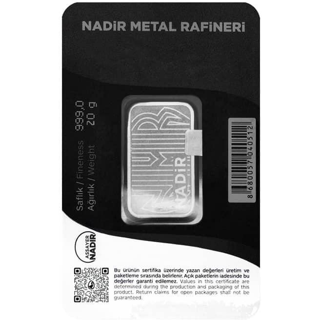 Lingou argint 20 grame Nadir Metal Refineri 999.0 Turcia (spate)