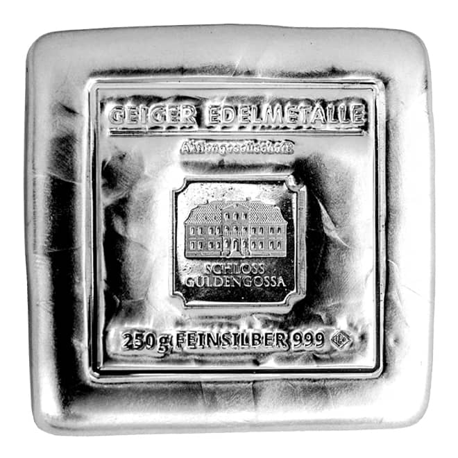Lingou argint 250 grame turnat Geiger Edelmetalle 999 Germania (fata)