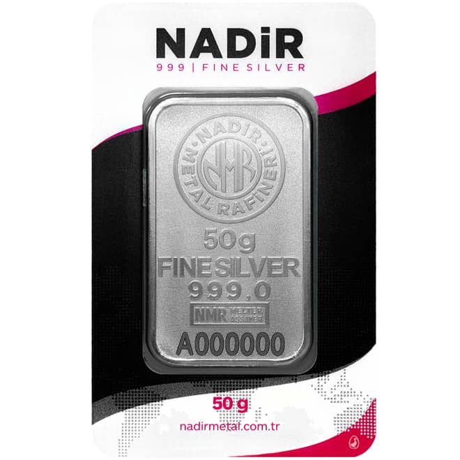 Lingou argint 50 grame Nadir Metal Refineri 999.0 Turcia (fata)