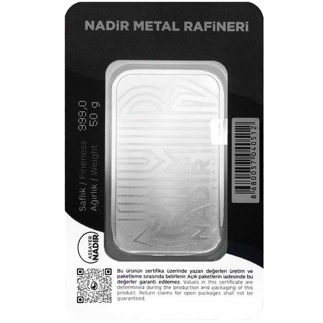 Lingou argint 50 grame Nadir Metal Refineri 999.0 Turcia (spate)