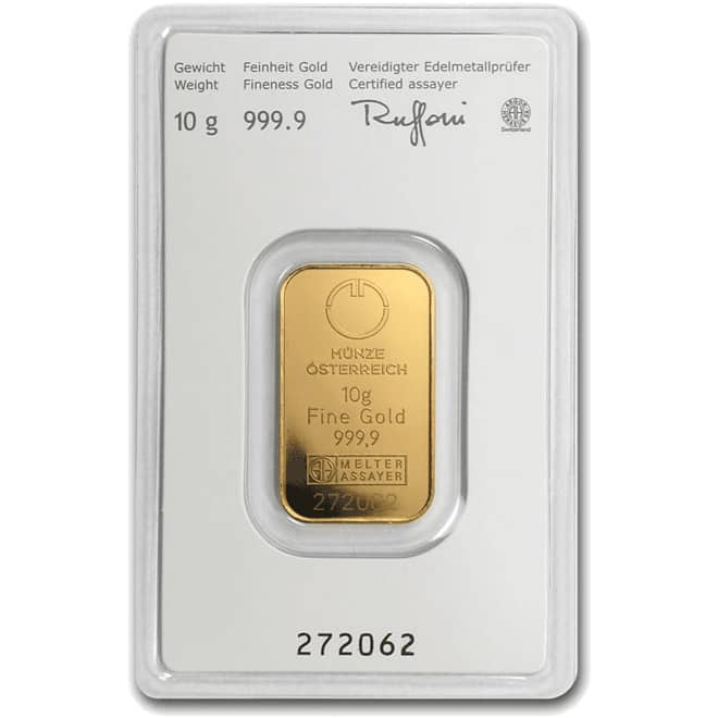 Spate lingou aur 10 grame Austrian Mint Kinebar 999.9 Austria