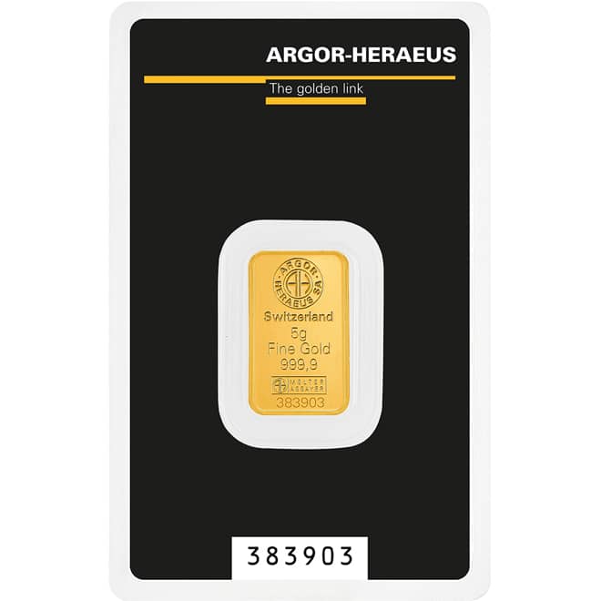 Fata lingou aur 5 grame Kinebar Argor-Heraeus 999.9 Elvetia
