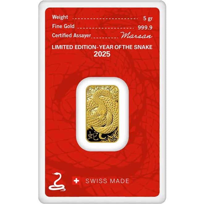 Spate lingou aur 5 grame Year of the Snake Argor-Heraeus 999.9 Elvetia