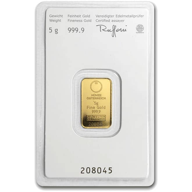 Spate lingou aur 5 grame Austrian Mint Kinebar 999.9 Austria