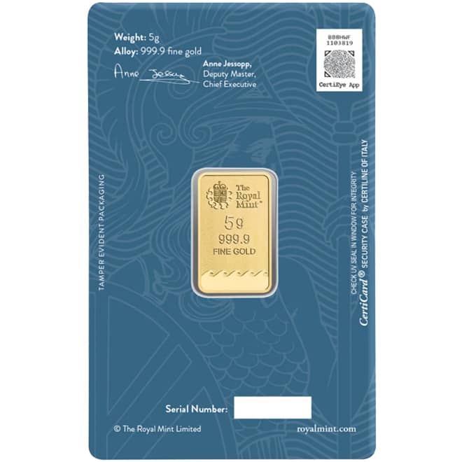 Spate lingou aur 5 grame The Royal Mint Britannia 999.9 Marea Britanie