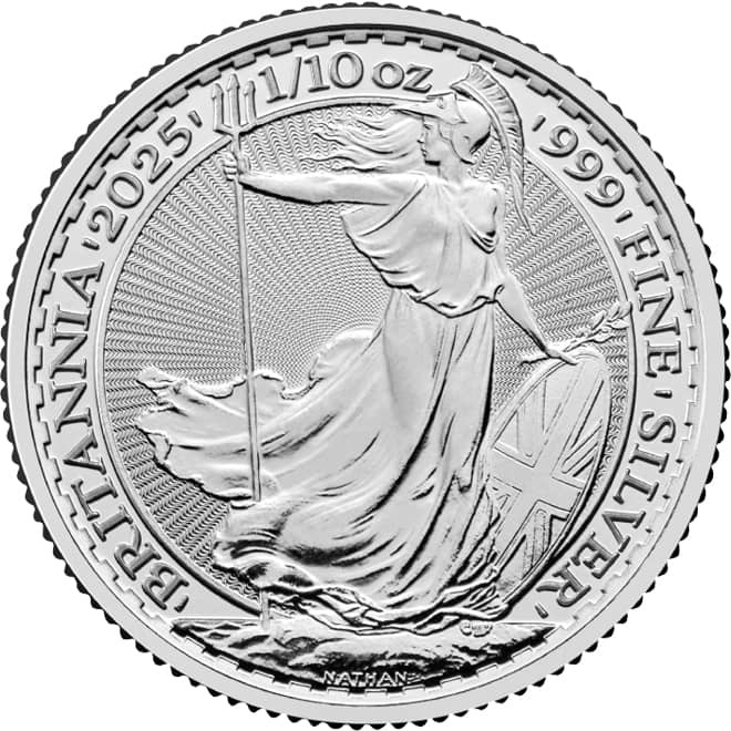 Revers moneda argint Britannia 1/10 oz Marea Britanie 2025