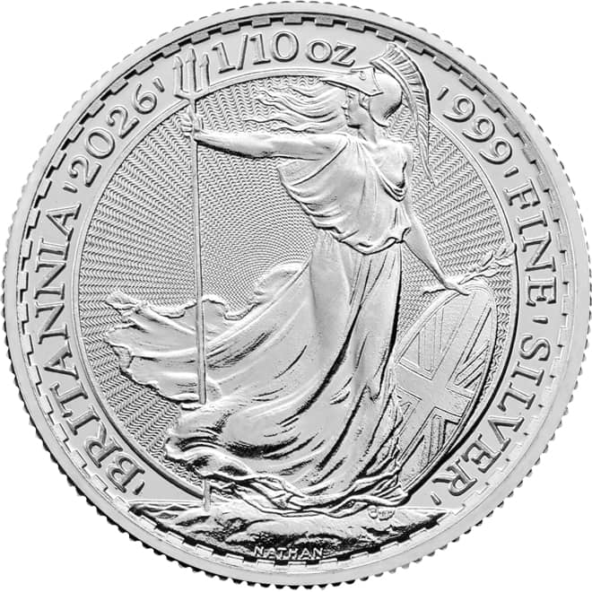 Revers moneda argint Britannia 1/10 oz 2026 Marea Britanie