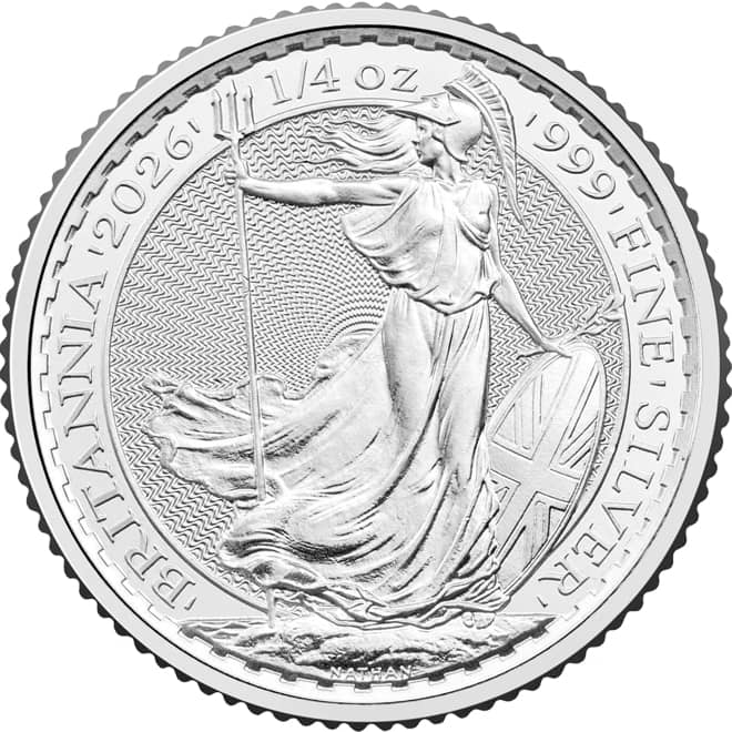 Revers moneda argint Britannia 1/4 oz 2026 Marea Britanie