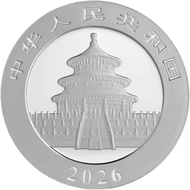 Avers moneda argint Panda China 30 grame 2026
