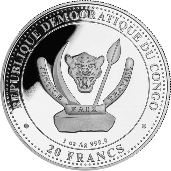 Avers moneda argint Velociraptor 1 oz 2025 RD Congo