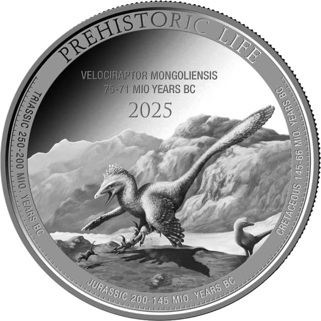 Revers moneda argint Velociraptor 1 oz 2025 RD Congo