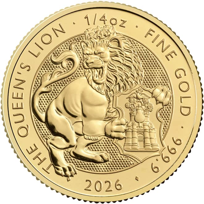 Revers moneda aur Queen's Lion Royal Tudor Beasts 1/4 oz 2026