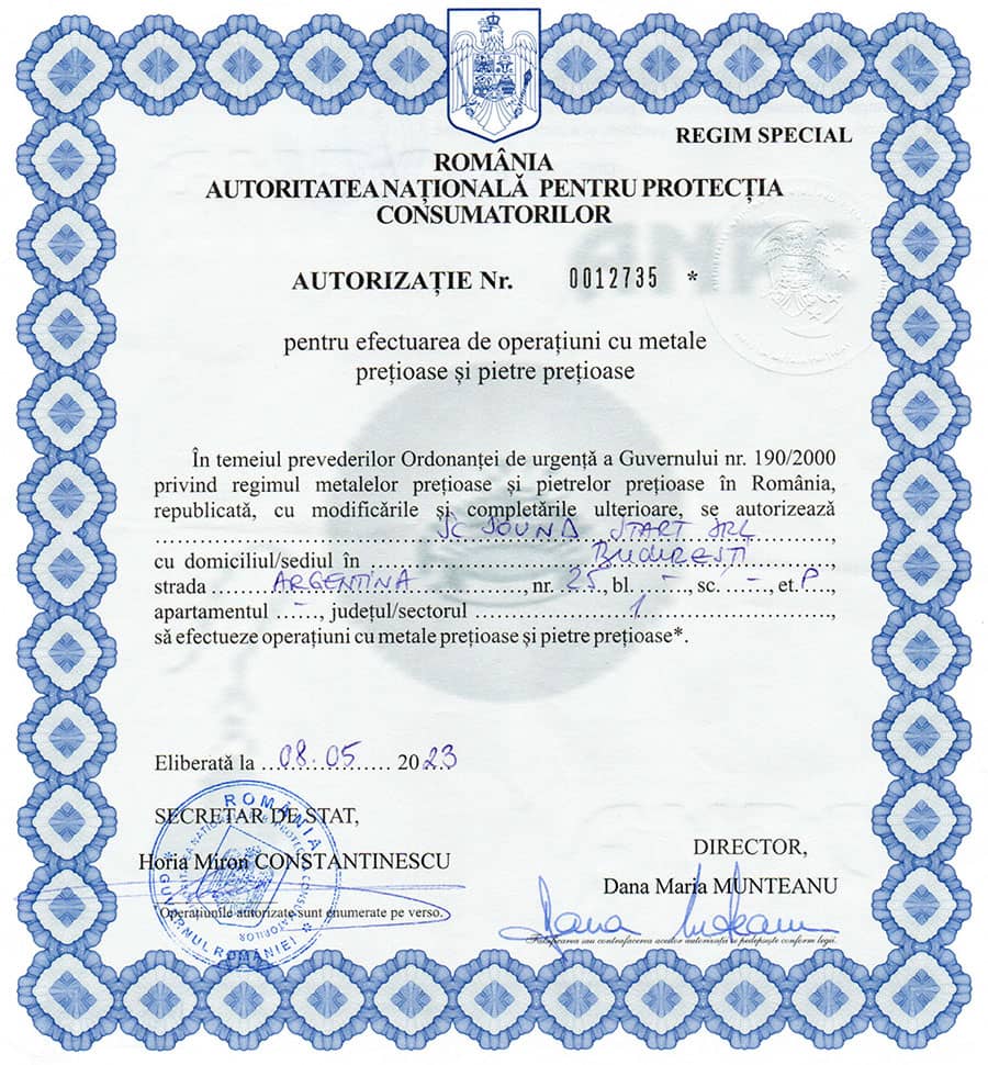 Autorizatie Metale Pretioase ANPC